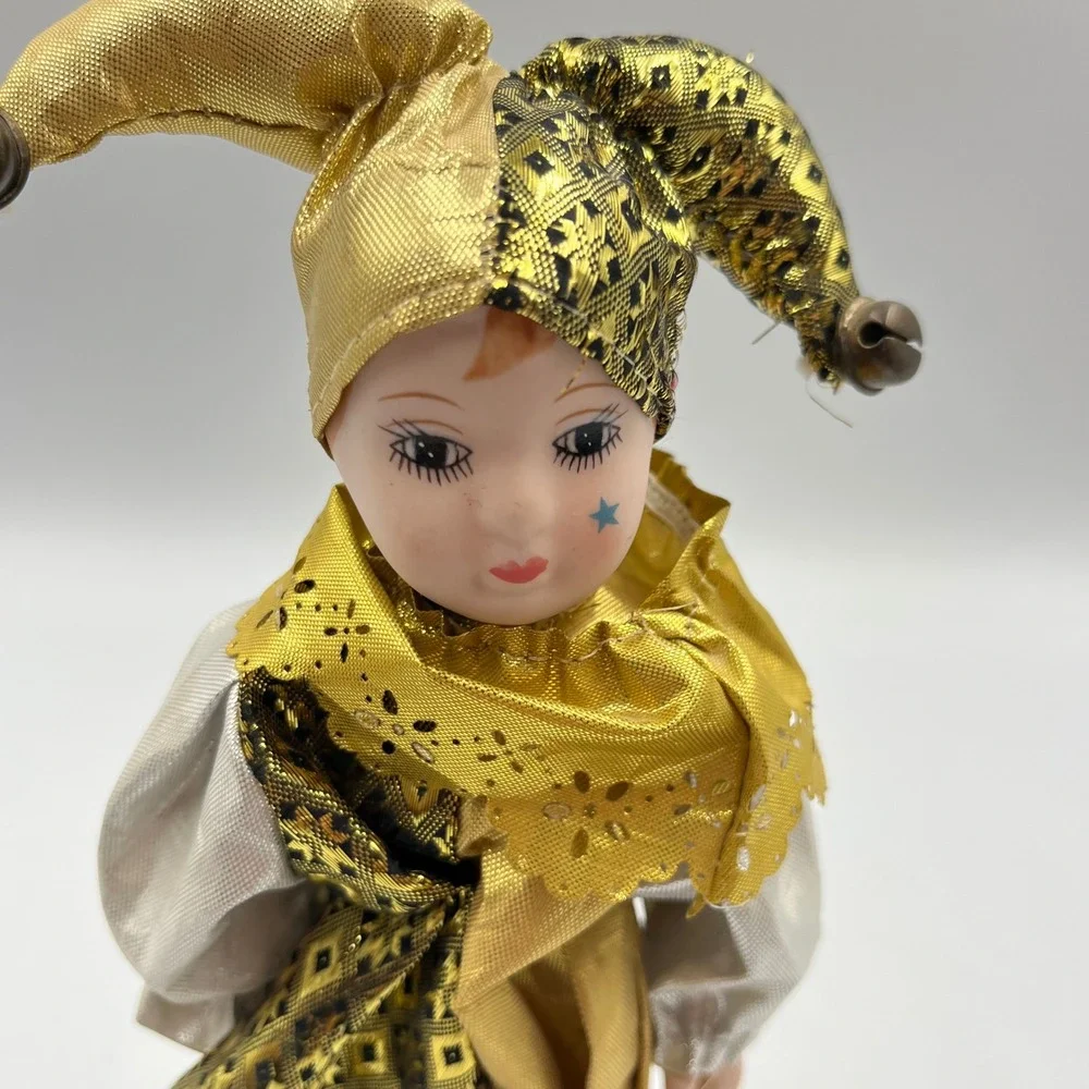 Vintage Porcelain Harlequin Jester Doll Gold Silver Metallic 8.5 Inch with Stand